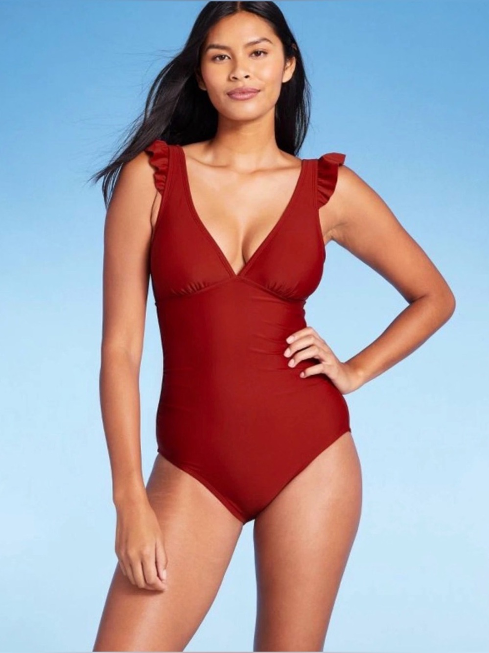 Kona Sol Burgundy Ruffle One Piece Swimsuit